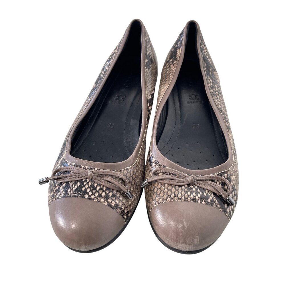 ECCO Touch Ballerina Bow Snakeskin Ballet Flats Womens 39 Cap Toe Animal Print